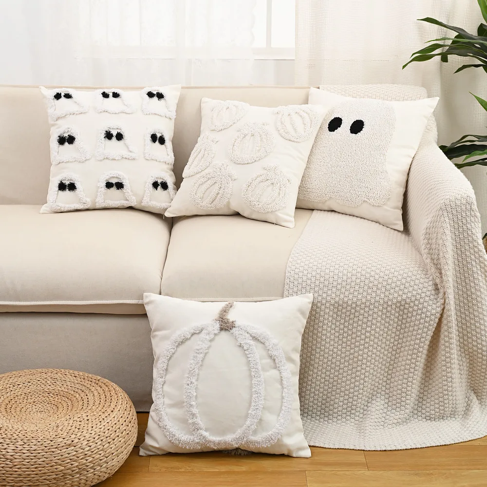 

Halloween Pumpkin Ghost Tufted Velvet Cushion Cover Off White Cotton Canvas Pillow Cover Decorative Festival Home Home Decor