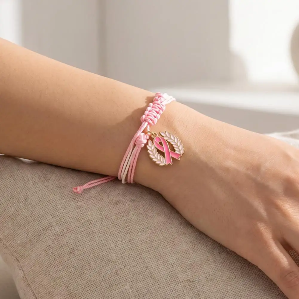 Commemorative Charity Event Accessories Breast Cancer Awareness Bracelet for Women Adjustable Woven Ribbon Charm for Women