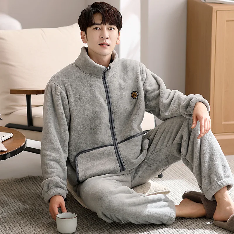 Sleepwear Winter Sleepwear Sleeping Men's Pajamas Set Men Coral Fleece Thickened Fleece Autumn Flannel Trendy Home Wear