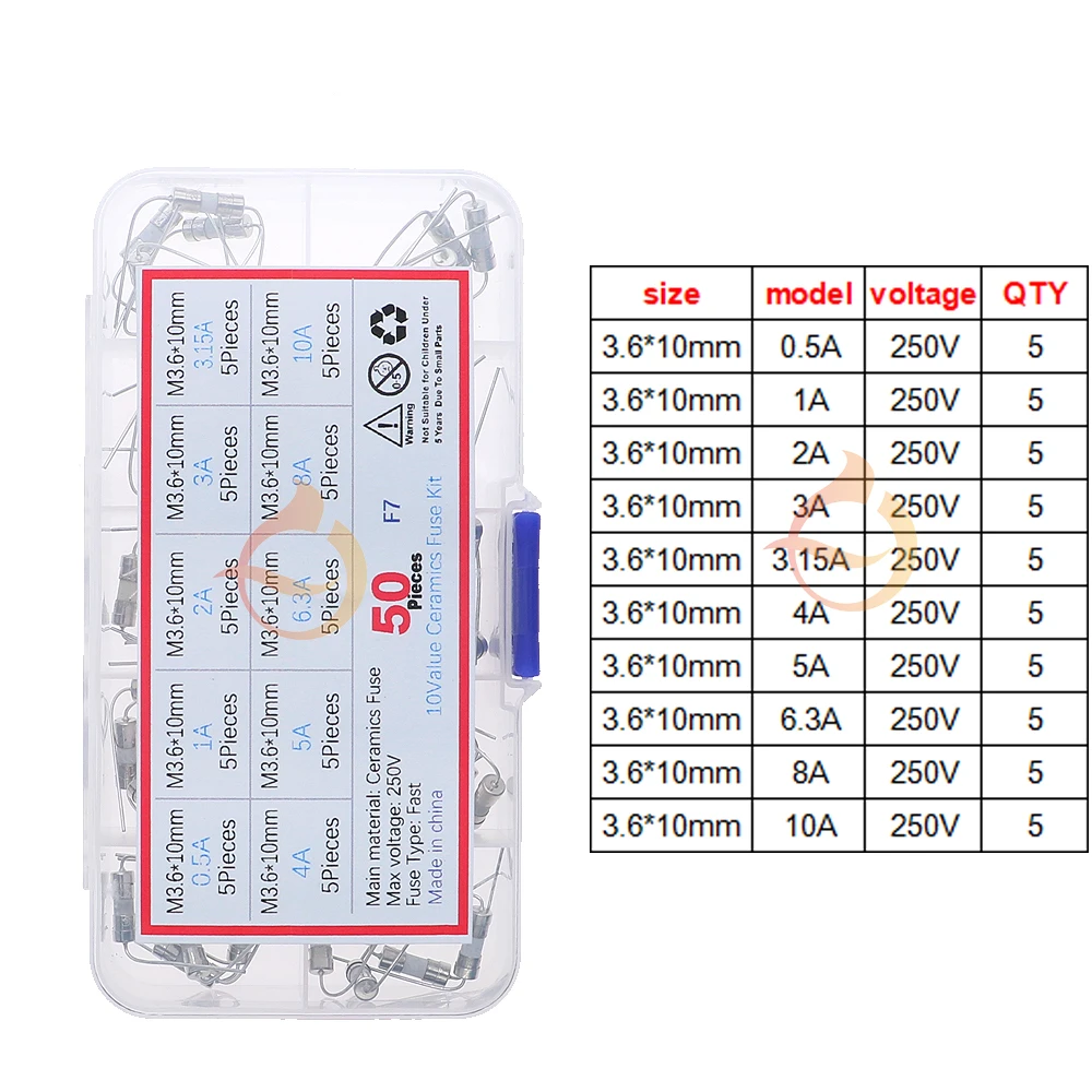 

Набор из 50 керамических предохранителей-трубок с контактами, 10 типоразмеров, 3.6x10мм, 0.5A-10A, быстродействующие, в ассортименте