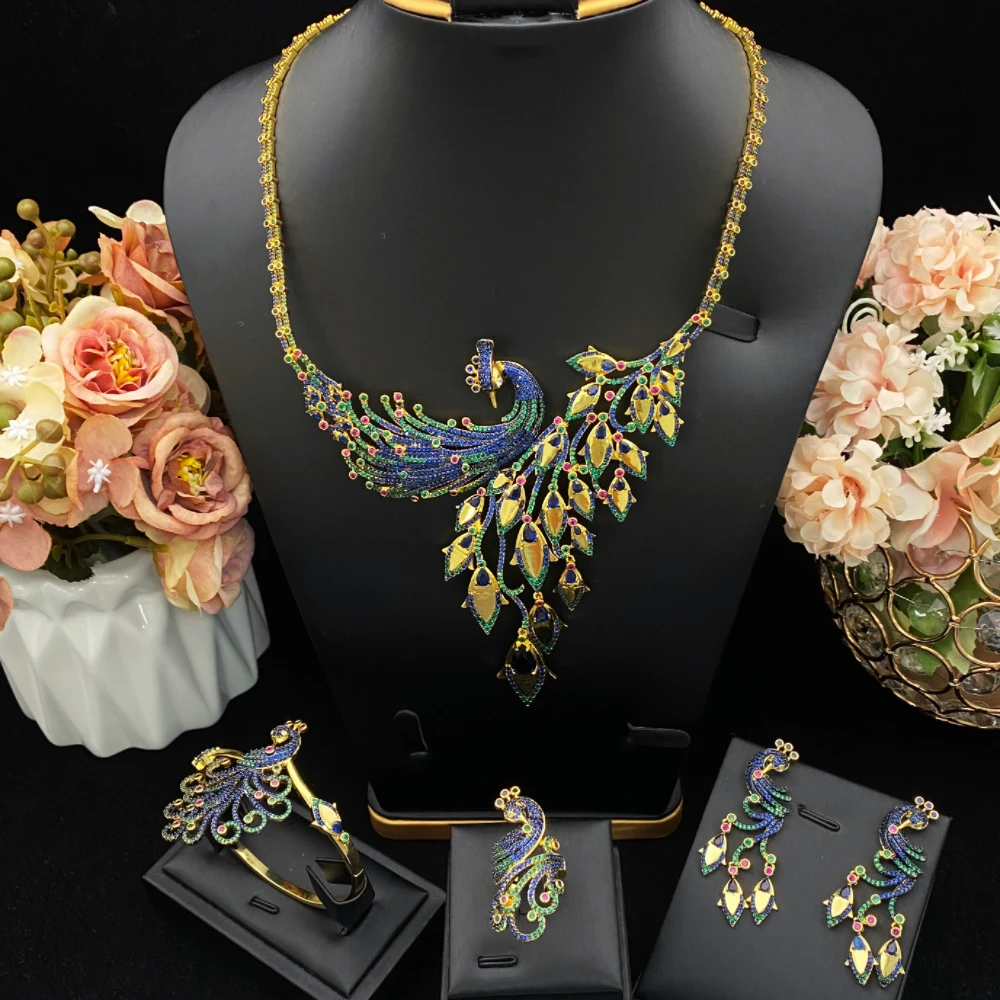 

JRH Festival Celebration Set African Style Gold Plated Peacock Jewelry for Women Zircon Bracelet Necklace Earrings Ring Wedding