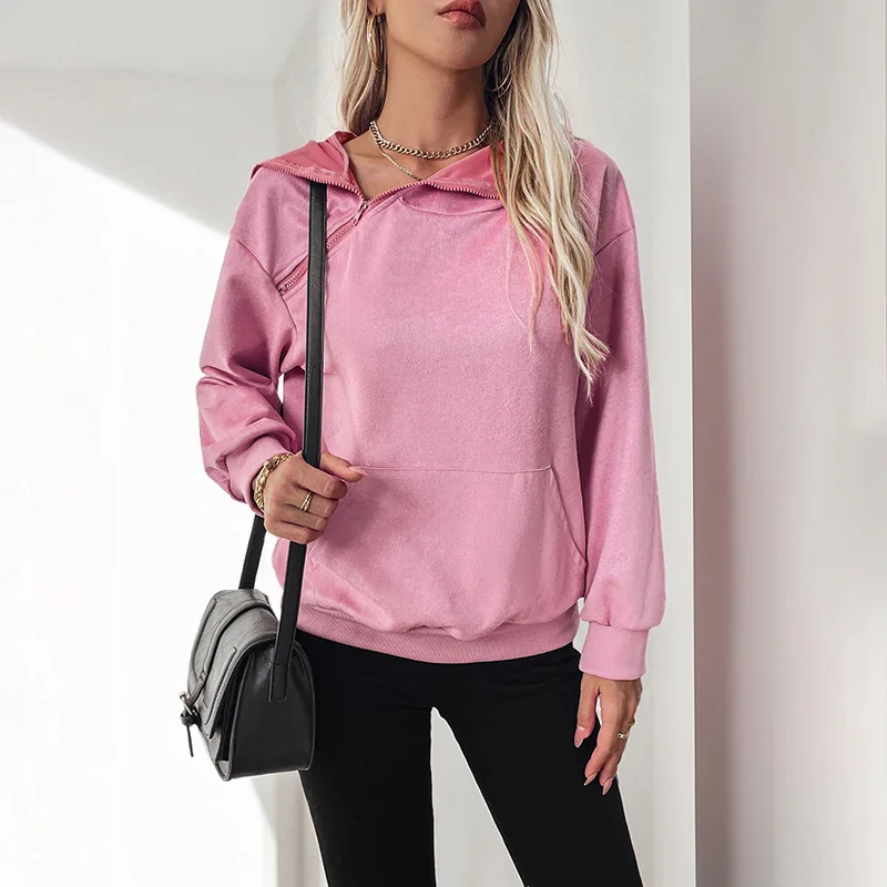 Women's Pink V-Neck Long-Sleeved Hooded Sweatshirt Casual Autumn Winter European American Style Valentine's Day Theme