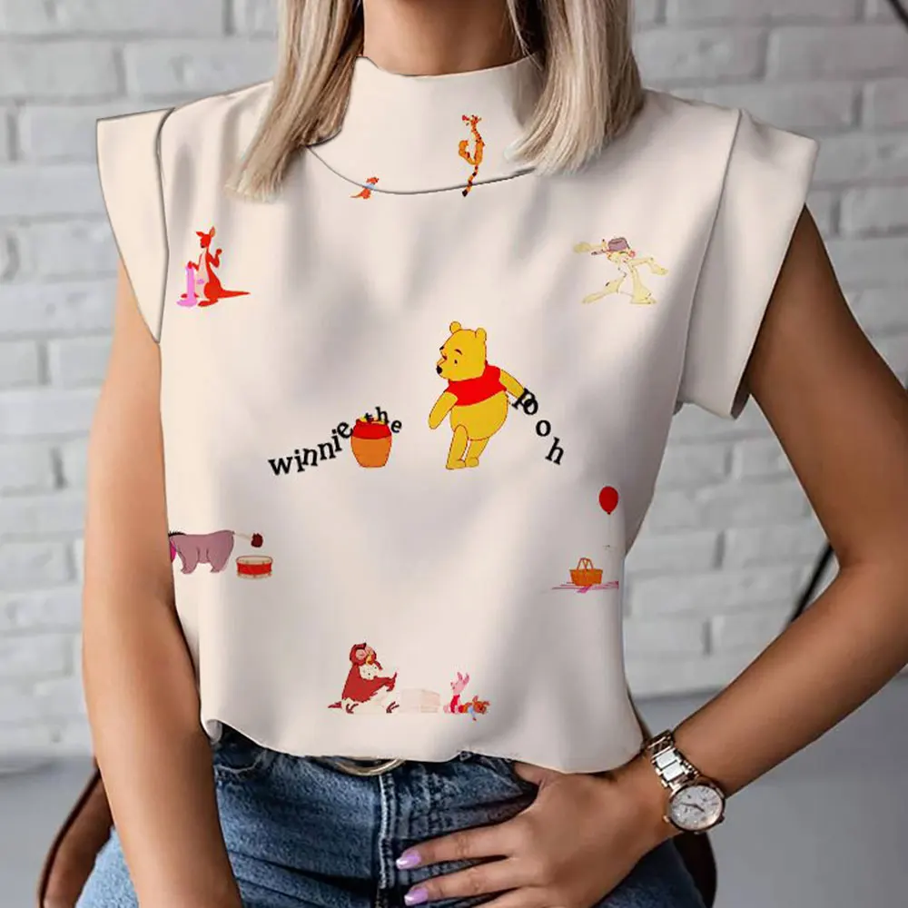 Desenhos animados 3D femininos de Winnie the Pooh camiseta, manga curta, gola alta, confortável, casual, elegante, novo, 2024