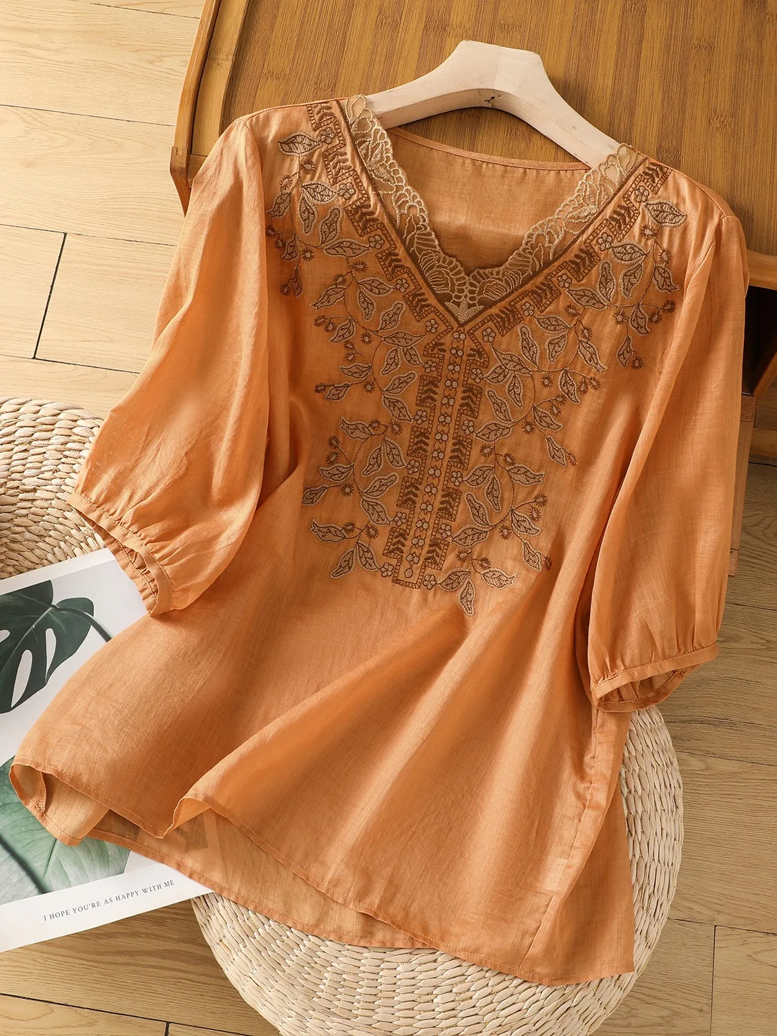 Ele Embroidered Cotton Linen irt Women Summer Loose Artistic Pure Color Sli V Ne T irt Small irt