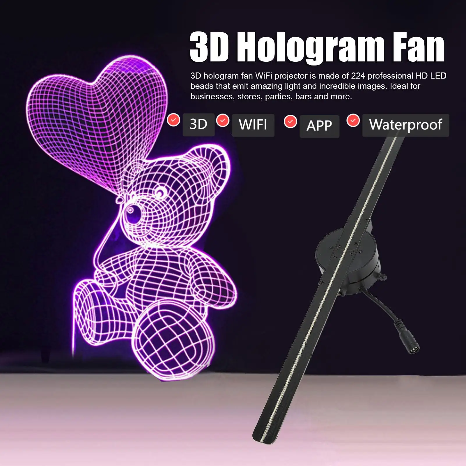 WiFi 3D Hologram Fan 3D Hologram Fan 16.5in 2000x224 WiFi 3D Projector with 224 LED Light Beads for Business Store Advertising