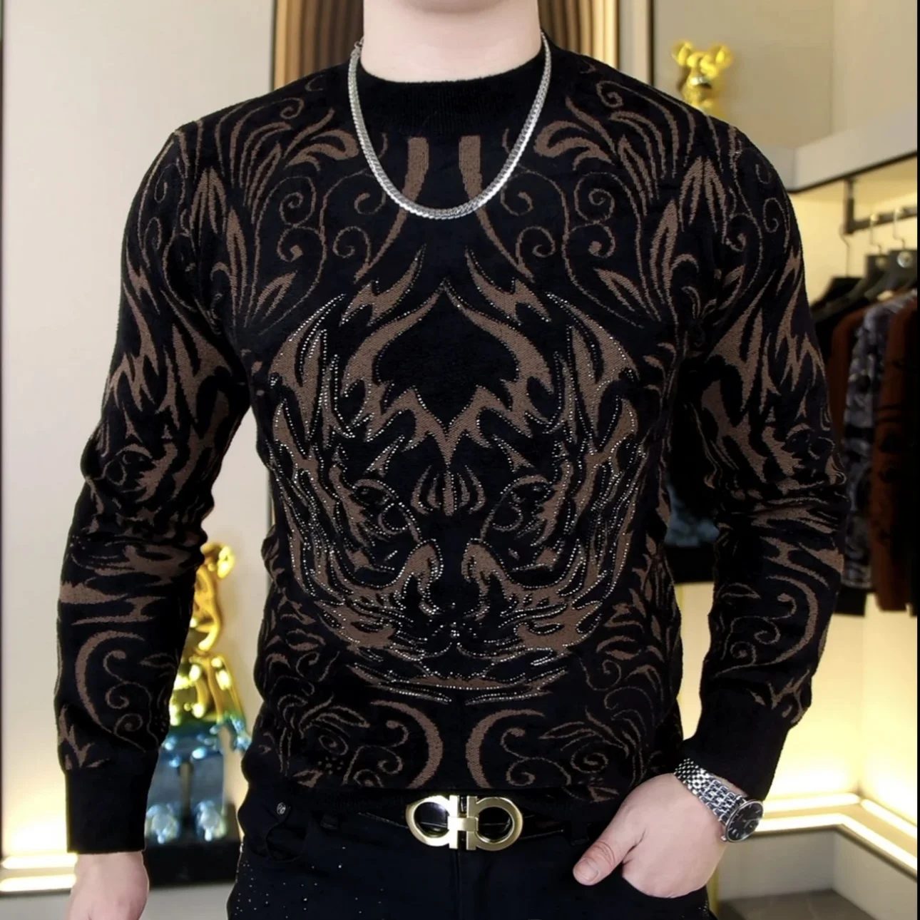 

Faionable Young Men's Slim Fit Knitwear round Ne Diamond Embroidery Elastici Winter Sweater Comfortable Breathable Poly...