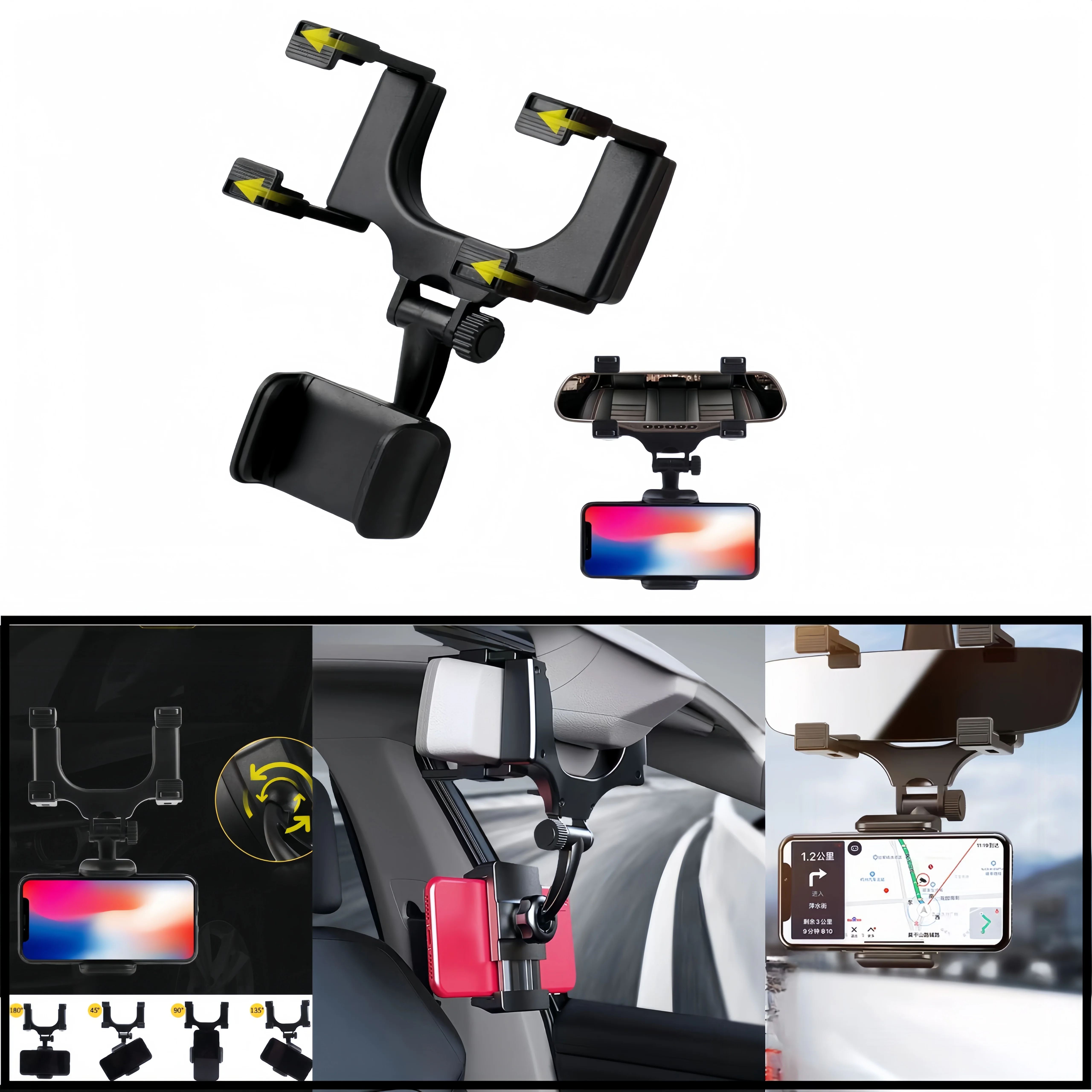 Car Phone Holder Rearview Mirror Mount Car Phone Bracket Navigation GPS Stand Foldable Adjustment Holder Car Cell Phone Support