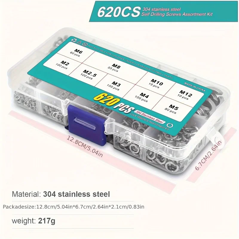 620pcs Stainless Steel Spring Lock Washers Assortment Kit M2/M2.5/M3/M4/M5/M6/M8/M10/M12 Locking Rings Snap Ring Fasteners Set