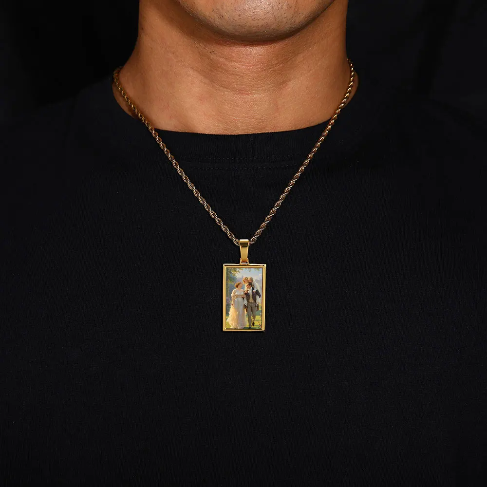 HHIOK High Quality 25mm Custom Photo Pendant Rose Gold Plated Brass Memory Jewelry DIY Men Women Rectangle Picture Necklace