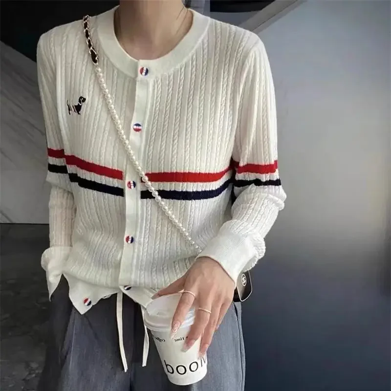 New Autumn Winter Cardigan Women Twist Knitted Long Sleeve Single Breasted Puppy Embroidery Slim Stripe Outwear Fashion Knitwear