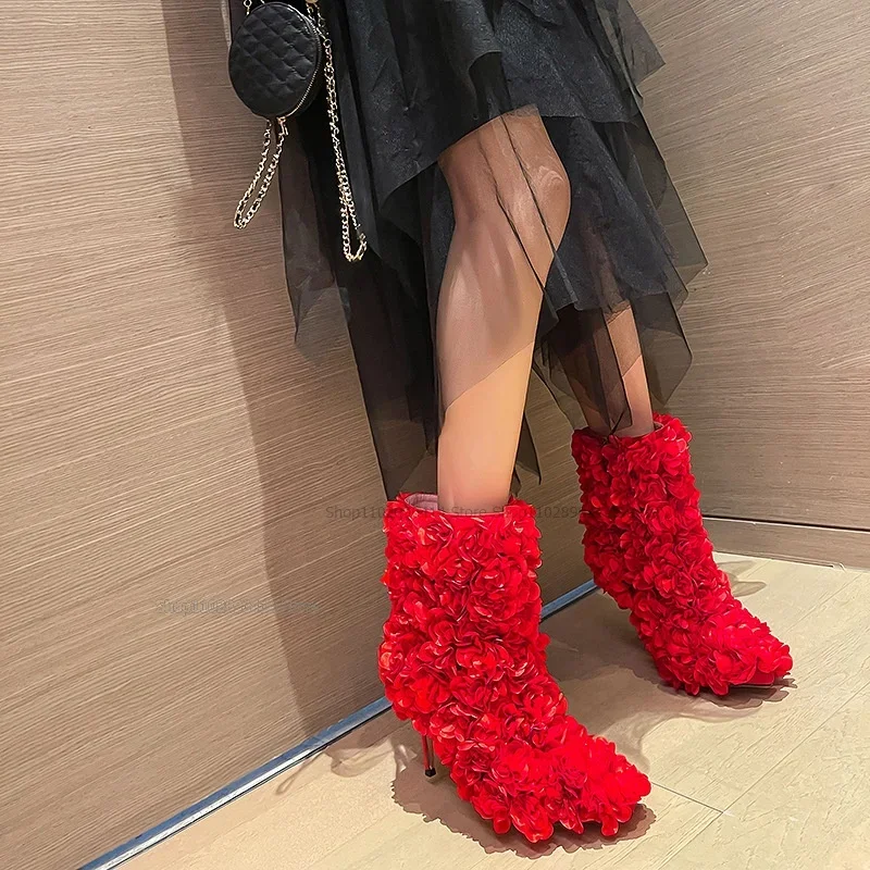 

Rose Decor Pointed Toe Boots Mid Calf Women Shoes Side Zipper Thin Heels Novel Fashionable Sweet Party Wedding Zapatillas Mujer