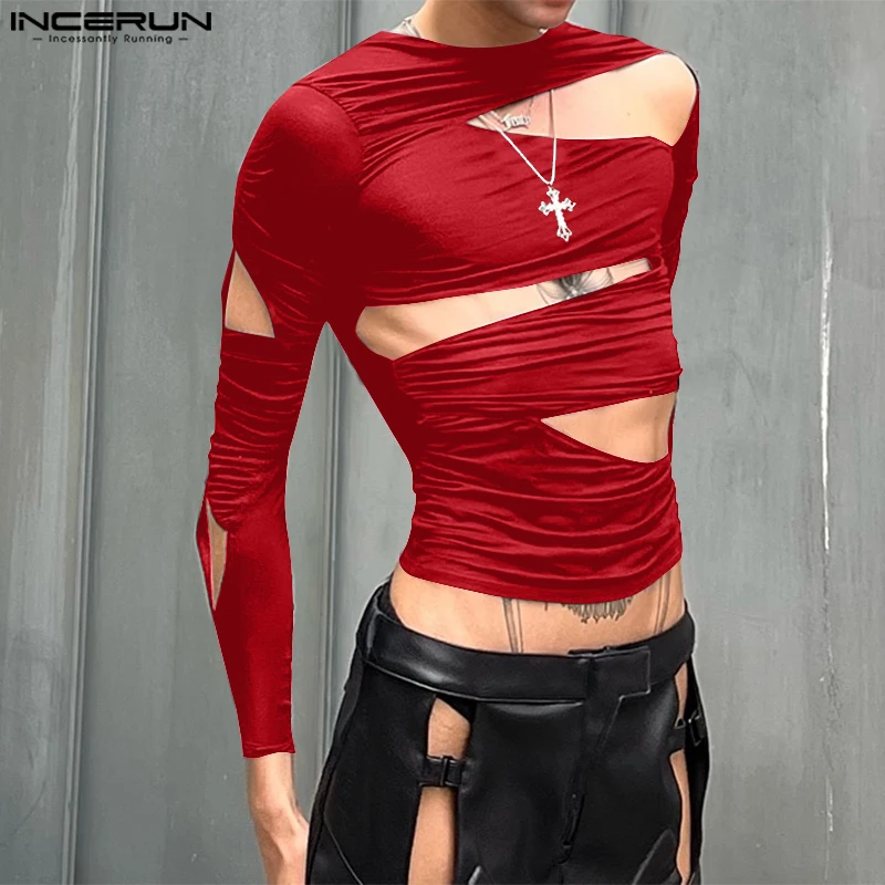 INCERUN Handsome Men\'s Tops Stylish Hollow Out Deconstruction T-shirt Sexy Male Party All-match Long Sleeved Camiseta S-5XL 2025