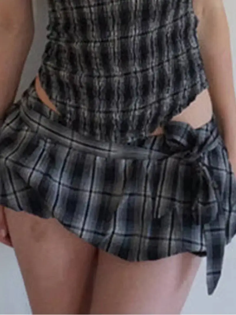 Kawaii Plaid/Dots Print Backless Halter Crop Camis Tops + Low Waist Bubble Mini Skirt Vintage 2 Piece Set Women Y2k Outfits PMB9