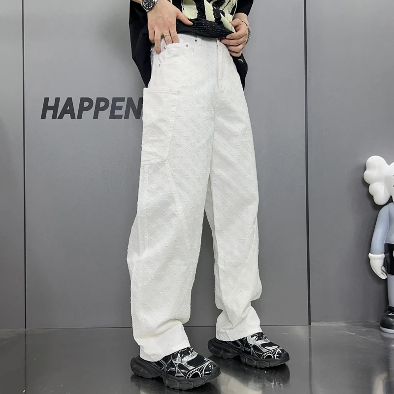 Retro Street Hip Hop Jeans Men's Loose Straight Trend High Street Y2K Fashion Casual Handsome Wide-Leg High-End Trousers
