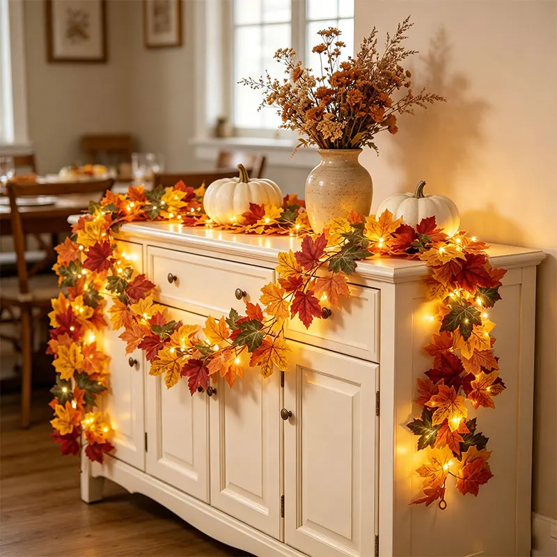 Fall Maple Leaf Garland with Lights, Artificial Autumn Leaf Vine, Thanksgiving Halloween Hanging Garland for Home Wedding Party