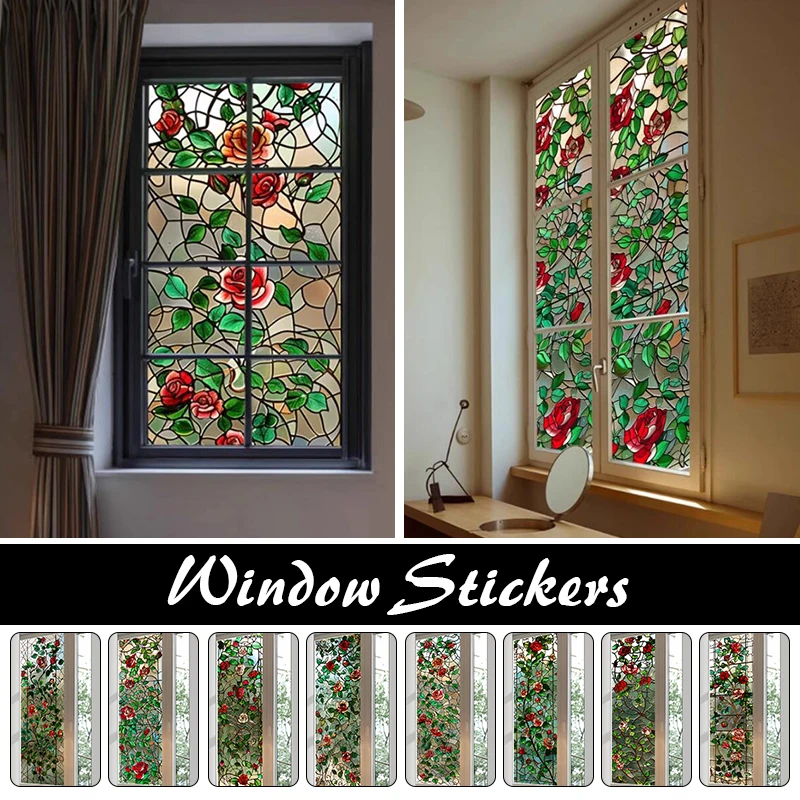 

European Style Retro Colorful Rose Flower Window Film Privacy Protection Glass Film Home Decoration Stained Glass Films