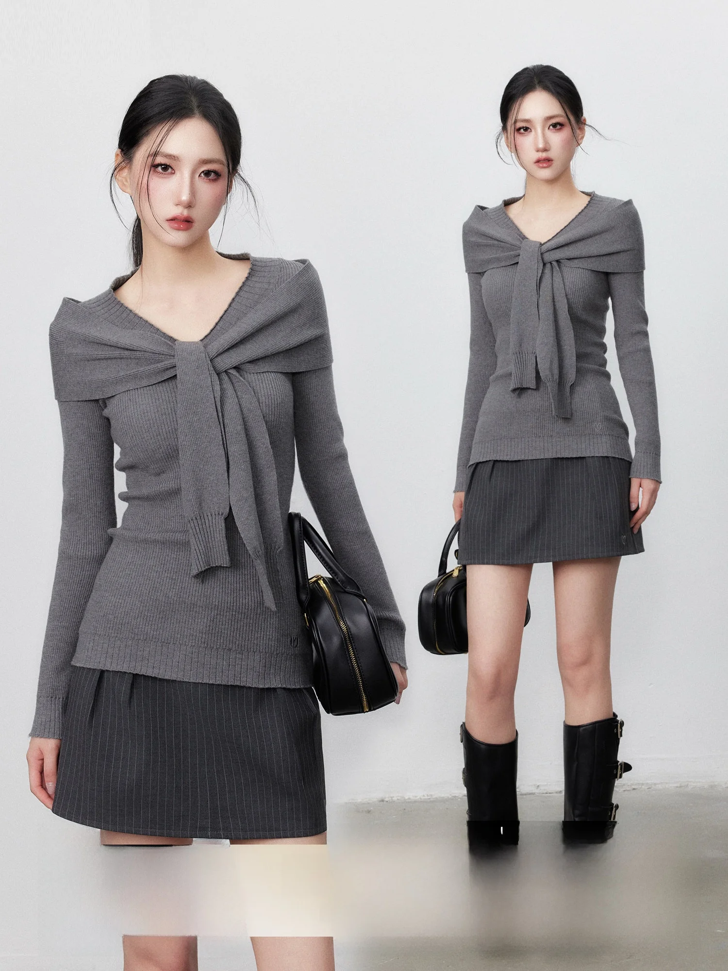 

Вязаный свитер Yuzhi с дизайнерским узором, облегающий, с длинными рукавами, V-образным вырезом, имитация двухслойности, корейский стиль, полиэстер