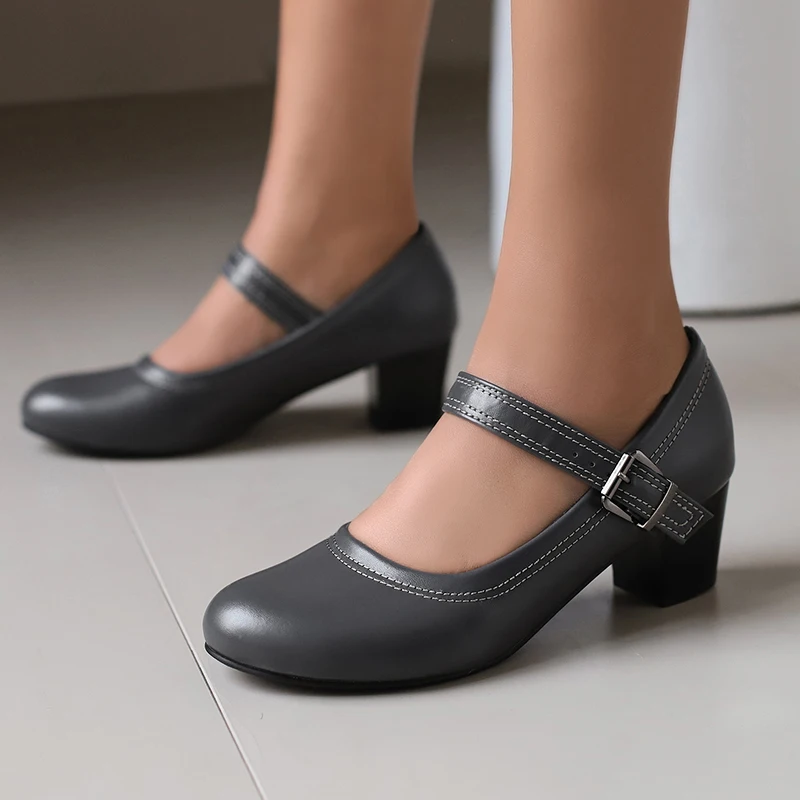 Plus Size Shallow Round Toe High Heels Thick Heel Sewing Women's Pumps Metal Square Buckle Casual Mary Jane Shoes