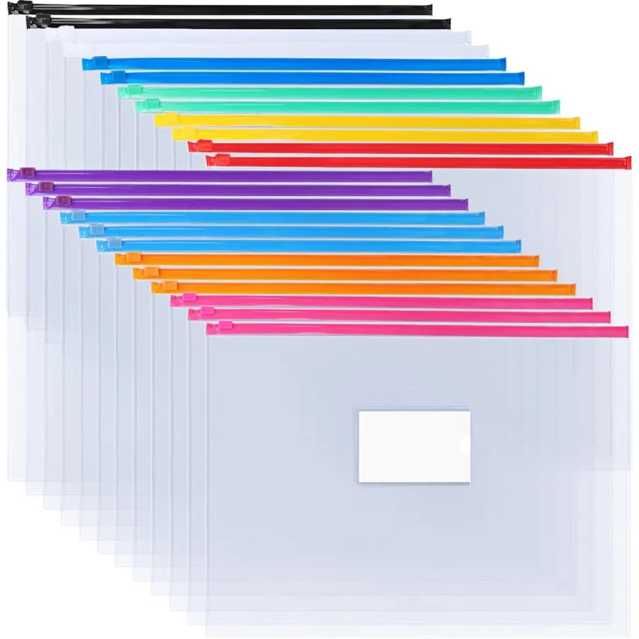 Buste in plastica da 24 pezzi Buste con cerniera in polietilene File con cerniera Folde formato A4 Lettera formato 10 Colo per la scuola, l'ufficio, il viaggio, il supporto