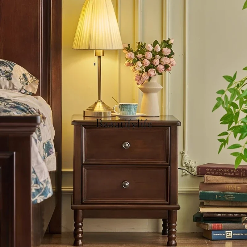 

04American retro all-solid wood bedside table, simple drawer, storage cabinet edge