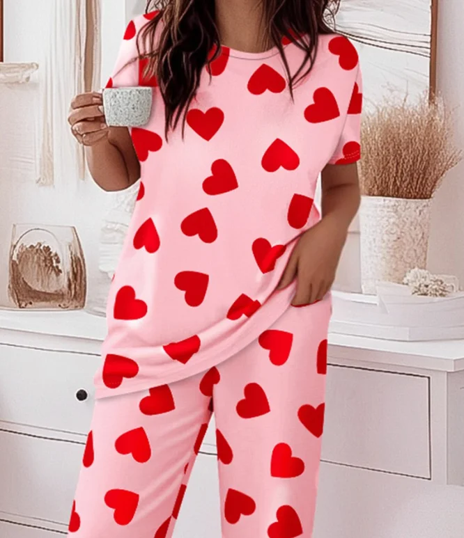 2-Piece Heart-Shaped Patterned Short Sleeved Top and Casual Heart-Shaped Patterned Long Pants Set for Home Wear and Pajamas Set