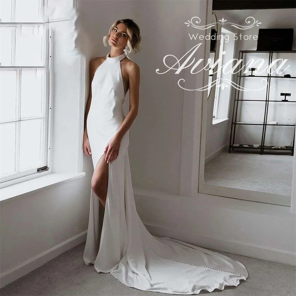 Aviana Customized Classic Halter Neck Satin Sleeveless Wedding Dress High Side Split Buttons Backless Elegant New Design 2025