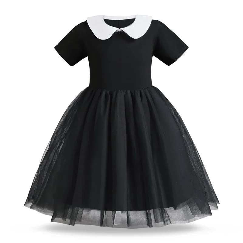 Girl Wednesday Addams Dress Children Peter Pan Collar Cosplay Costume Kids Halloween Easter Fantasy Carnival Flared Skater Dress