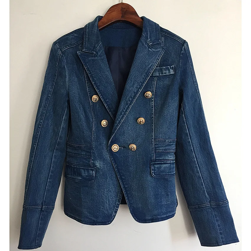 Classic Luxury Lion Head Gold Buttons Blazer Jacket Women Long Sleeves Double-breasted New in Outwears Ladies Washed Denim Suit