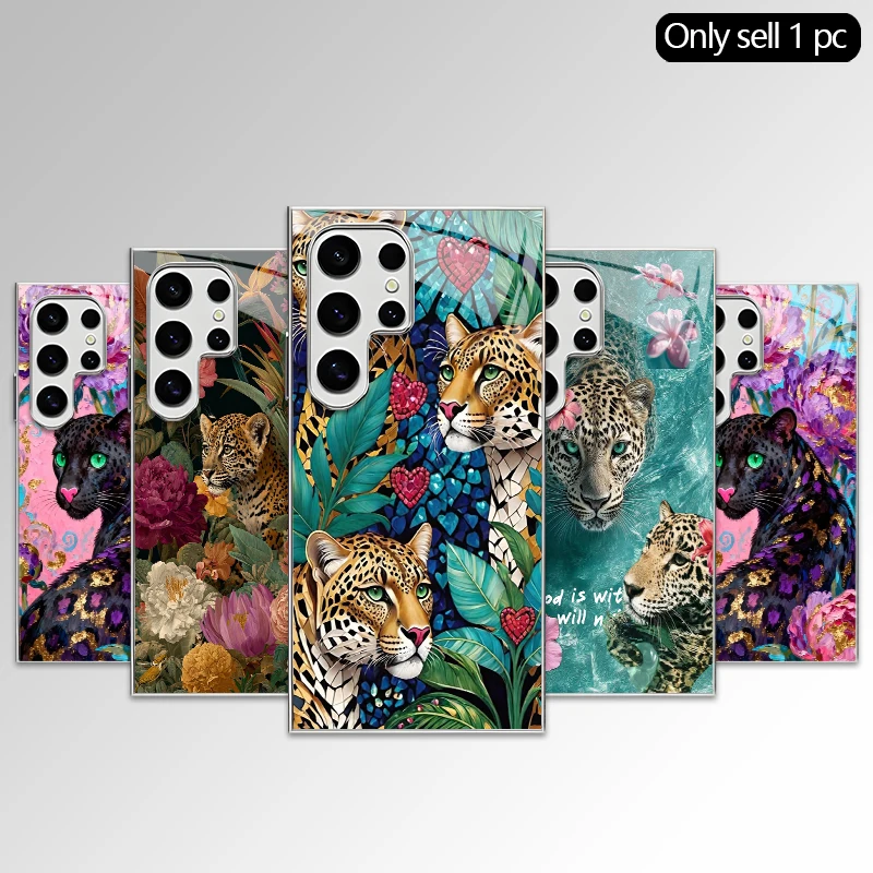 Black Panther Peony Pattern 2D Phone Case for Samsung S26 S25 S24 S23 S22 S21 S20 A56 A55 Electroplated Glass Protective Cover