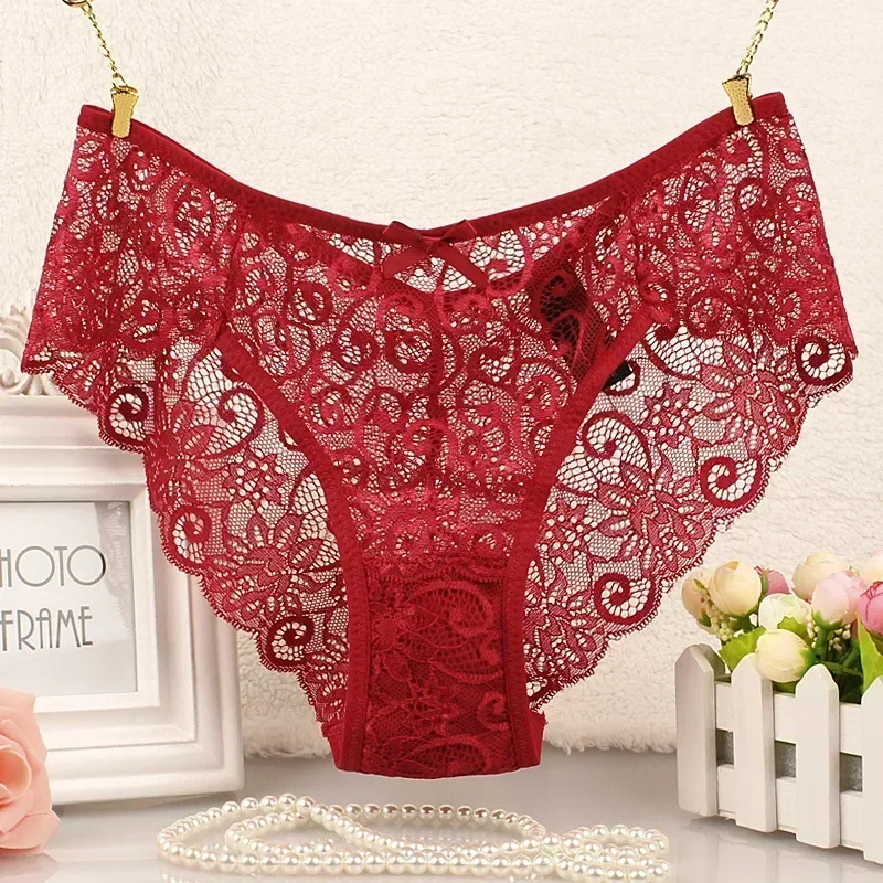 Big Size Sexy Lace Panties Women Lingerie Shiny Transpanrent Sheer Lace Briefs Big Size Brazilian Female  S M L XL Plus Size