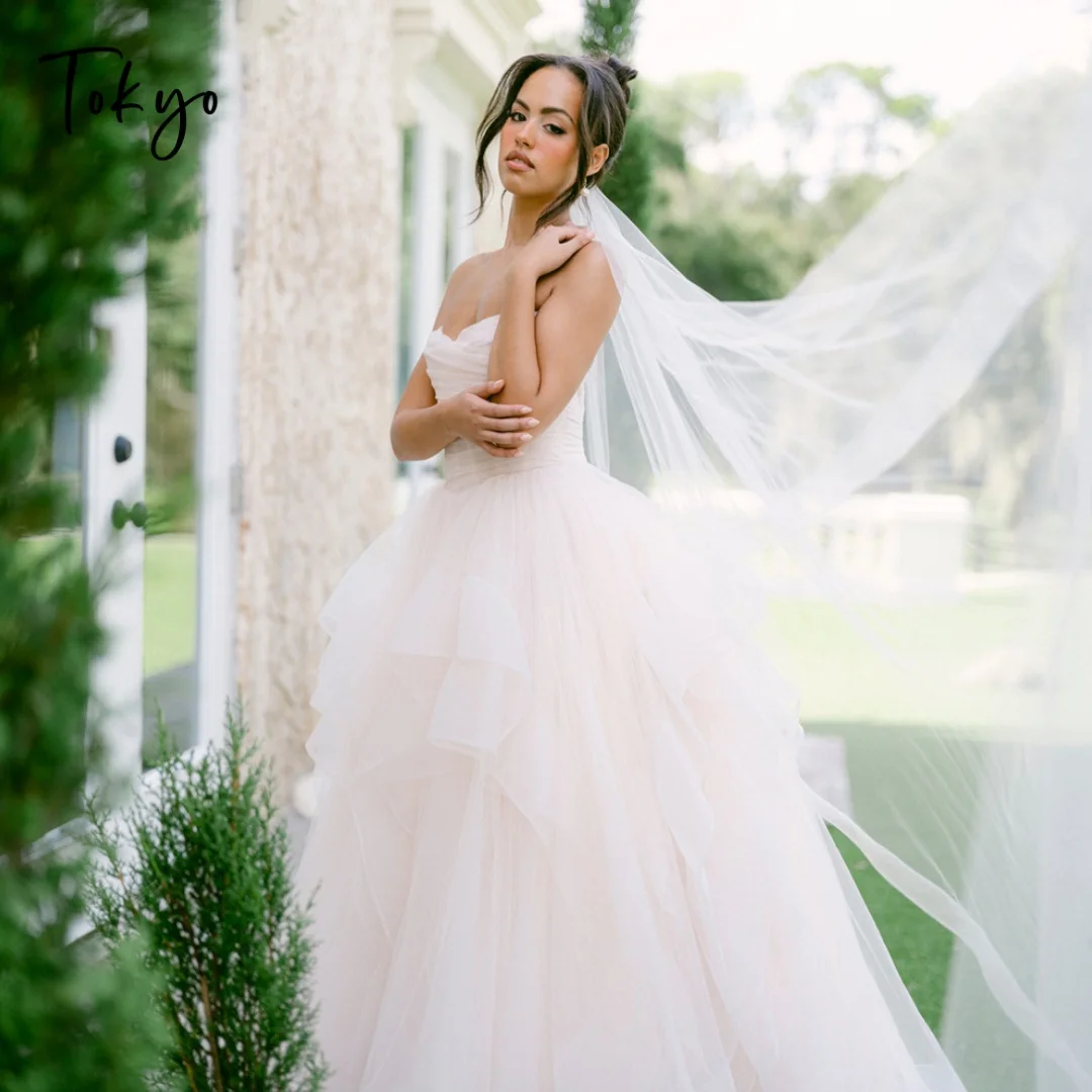 Tokyo Custom Strapless Ruffled Tulle Wedding Dress Sheer Long Veil A Line Bridal Gown Elegant Formal Wedding Evening Gown