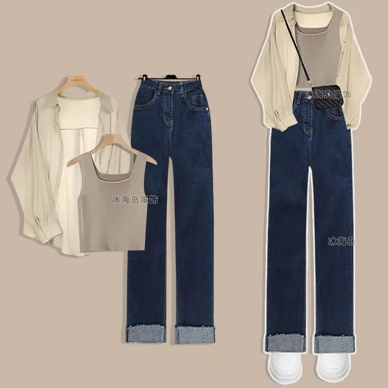 2024 Summer New Korean Elegant Jeans Matching Set Women\'s Fashion Sunscreen Shirt+Strap+Denim Pants Three Piece Female Suit