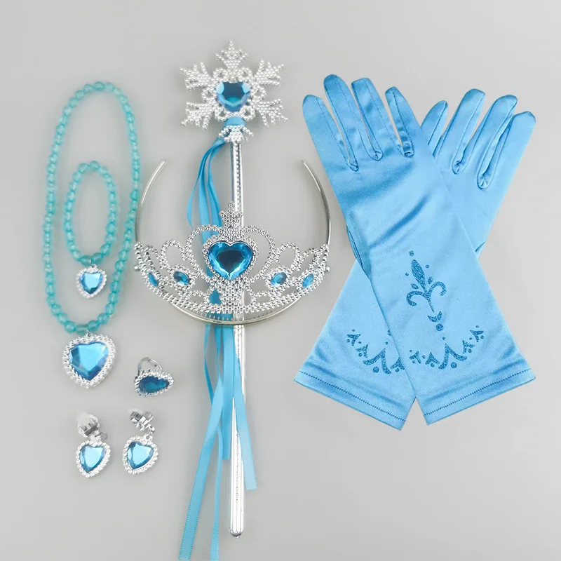 Frozen Elsa Cosplay peluca traje accesorios joyería coronas varitas guantes collares pendientes anillos guante invierno Halloween conjunto