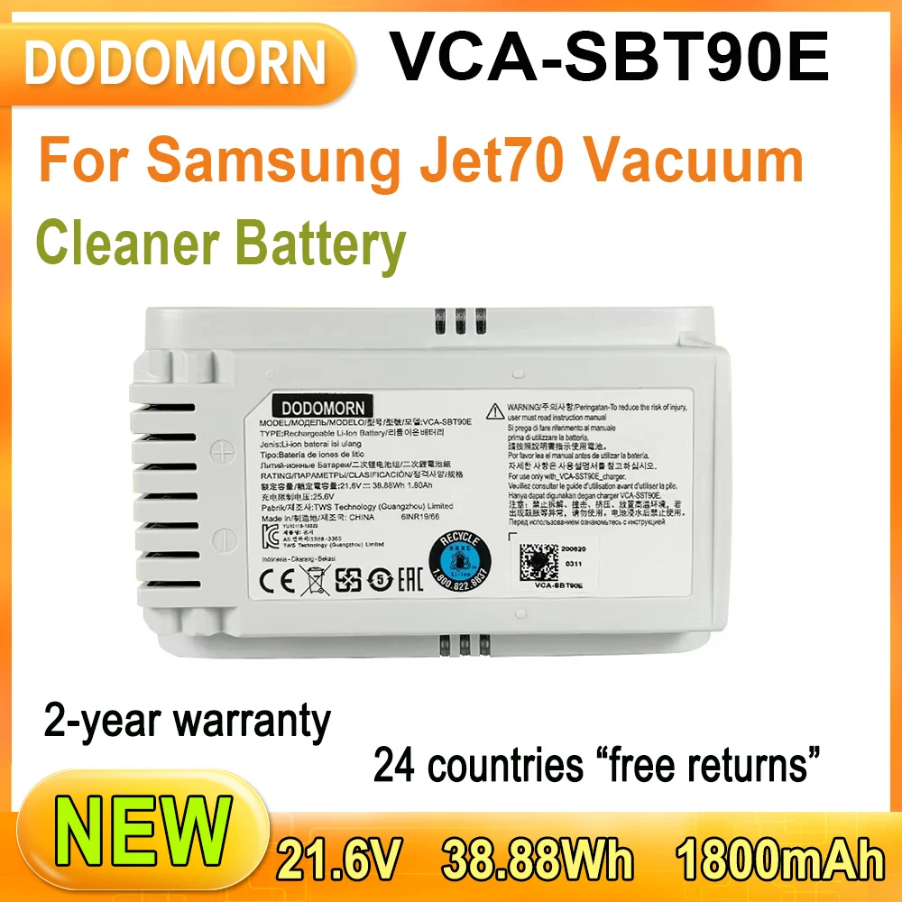 

NEW VCA-SBT90E For Samsung Jet70 Vacuum Cleaner Battery 21.6V 38.88Wh 1.8Ah Rechargeable Lithium-ion Batteries High Quality