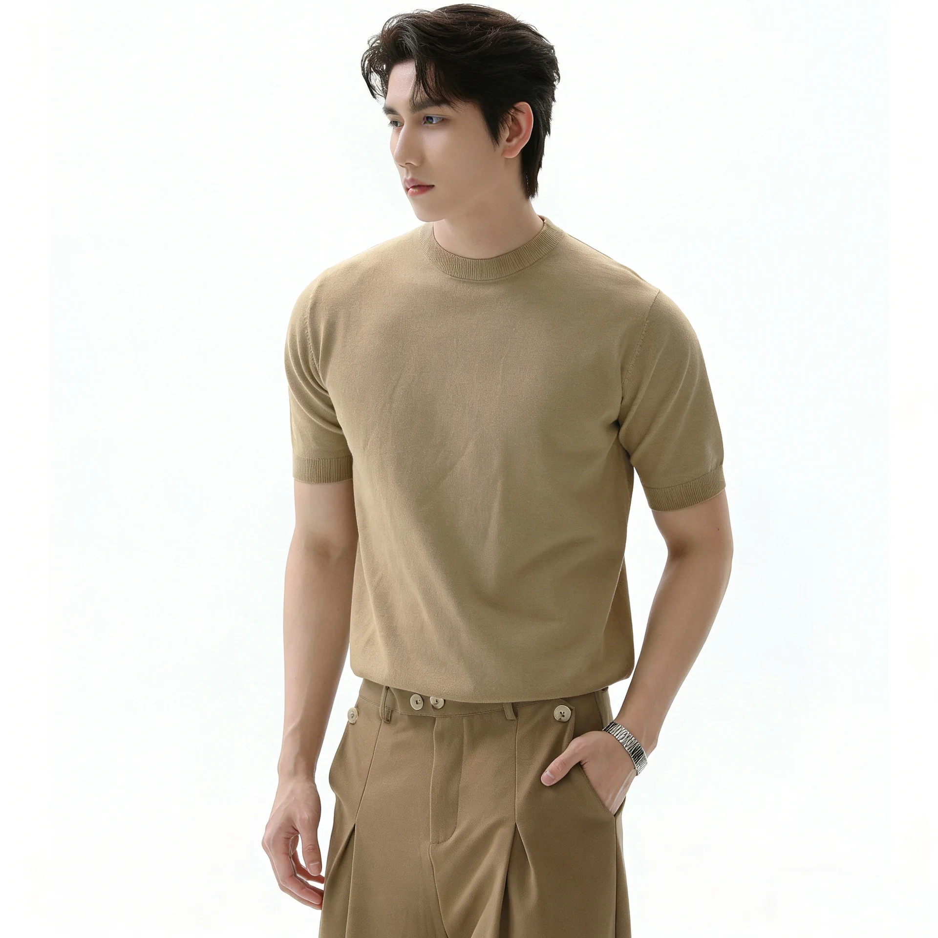 Knitted sweater short-sleeved T-shirt men's solid color crew neck suit with versatile ice silk summer inside