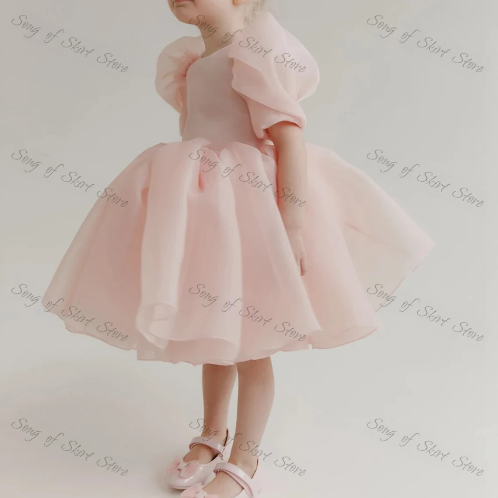 Vestidos de princesa rosas bonitos personalizados, vestido sencillo con cuello redondo, corte en A, manga corta, Organza, flor, encantador, cumpleaños para niños