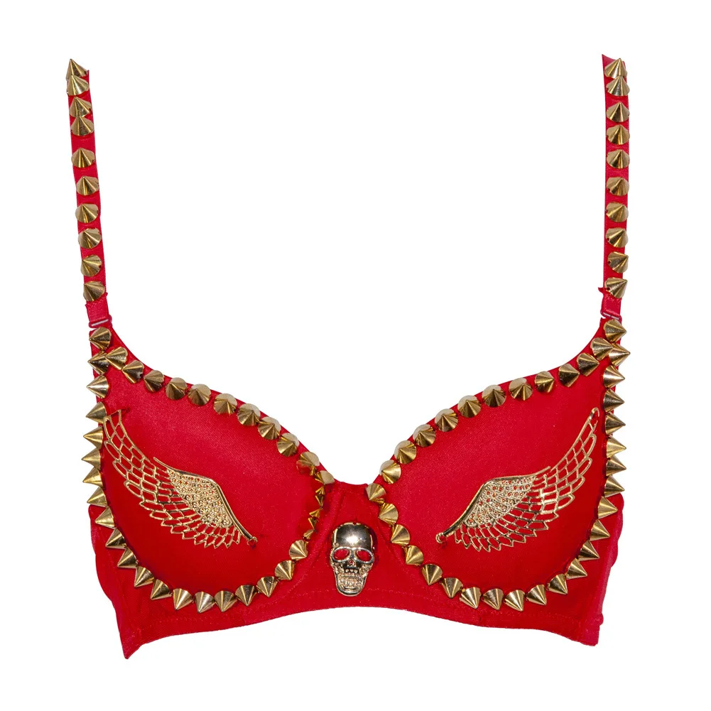Gothic Punk Black Red Sexy Bras Women Nightclub Dance Push Up Bra Gold Silver Rivets Wings Stage Performance Lingerie Top