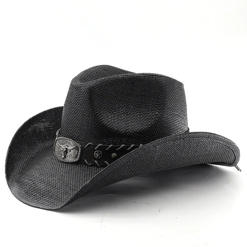 Western Cowboy Men's Cow Head Belt, Spray Painted Straw Hat, Women's Cowboy Hat