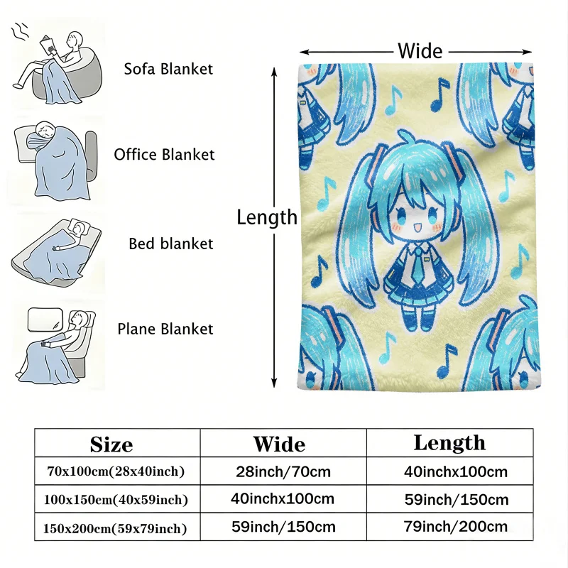 Hatsune Miku Cute Crayon Style Flannel Throw Blanket Gift for Anime Fan Summer Nap Throw Sofa Blanket Bed Cover Travel Blanket
