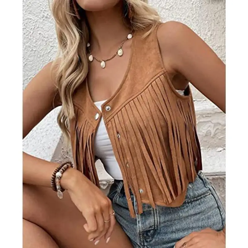 

652F Women Fringe Vest Faux Suedes Tassels 70s Hippie Clothes Open-Front Cardigan Sleeveless Vest Female Waistcoat Outwear