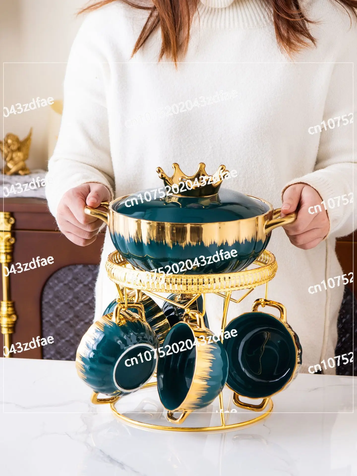 High-grade Light Luxury Binaural Striped Ceramic Soup Pot Set Tableware Phnom Penh Creative Ceramic Household with Lid