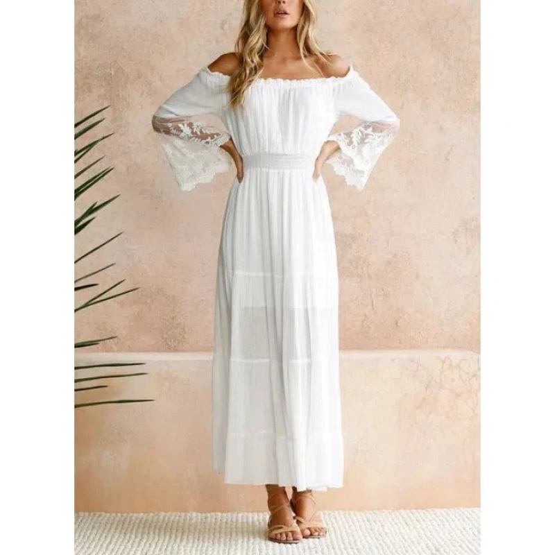 Women's Summer 2024 New Spliced Slash Neck Lace Elasticized Fashion Solid Slim Minimalist Versatile Casual Short Sleeve Dresses