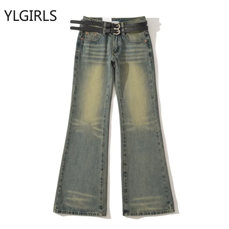 2024 Vintage Korean Retro High Street Low Waist Trousers with Double Belt Streetwear Fashion Denim Wide Leg Pants