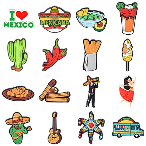 1Pcs Mexican Style Shoe Charms Cactus Chili Guitar Drink Food Shoes Decoration Clogs Sandals Wristband Accessories Kids Gifts