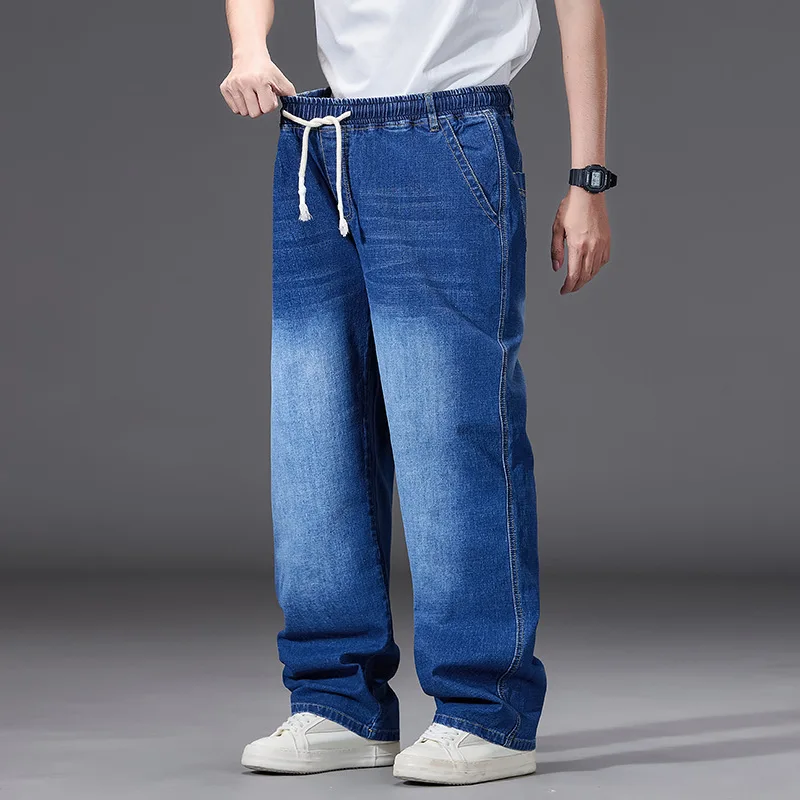8XL Elastic Waist Men's Jeans, Loose Straight Leg Stretch Denim Pants, Plus Size Casual Streetwear, Big Size Relaxed Fit Trouser