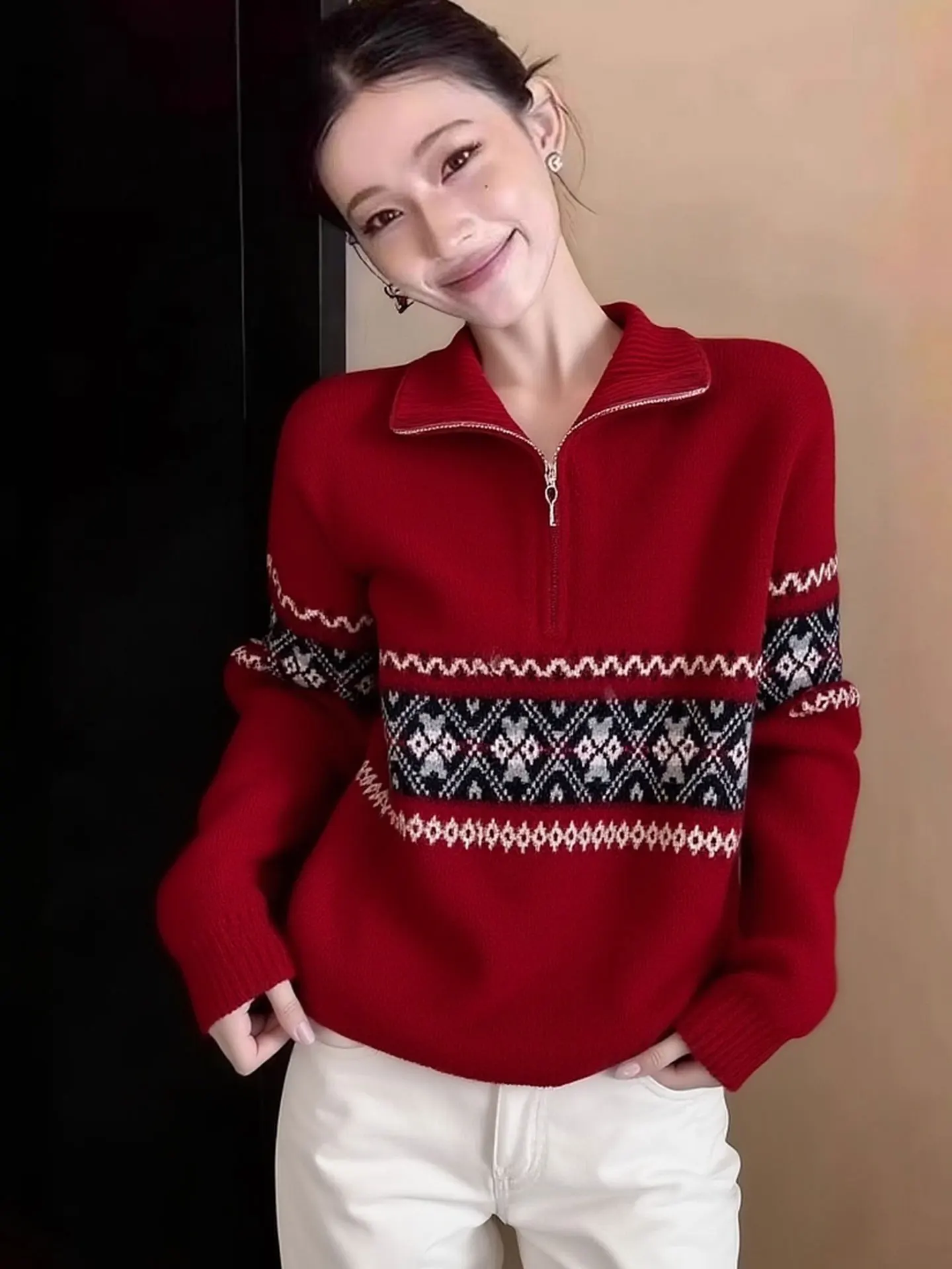 

Ele Long Sve Knitted Sweater with Zipper f Open Design New Year Red Flower Patterned Women's Spring Faion Top