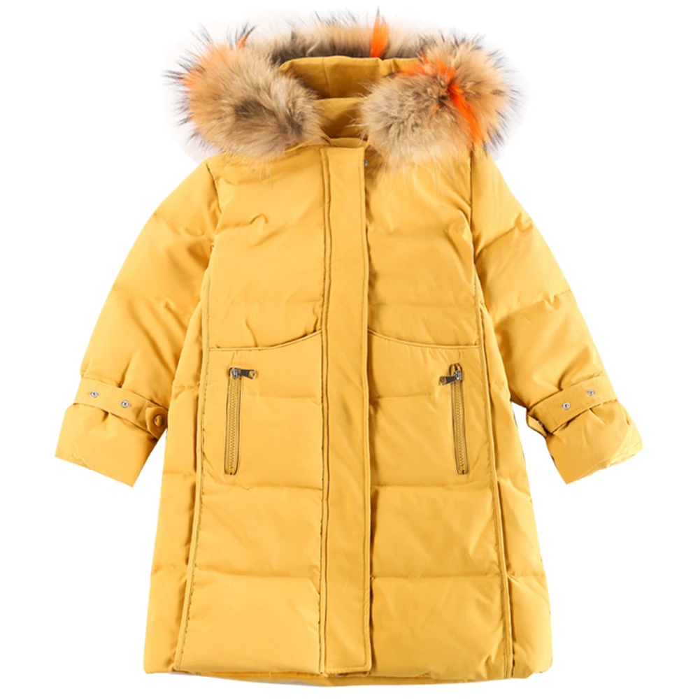 Girls Down Jacket Warm Thick Fur Hooded Cotton Coat Children Outerwear Zipper Letter Printed Long Puffer Coats for Winter