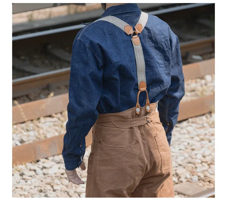 BRONSON Vintage Y Shape Suspenders, Old Time Patch Leather Braces, American Workwear Retro Shoulder Straps