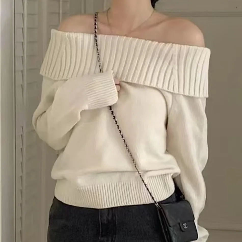

Chic Autumn Winter oulder Bared Long Sve Knitted Sweater Women Slimming Ele Sle Korean Faion Straight Cut pe