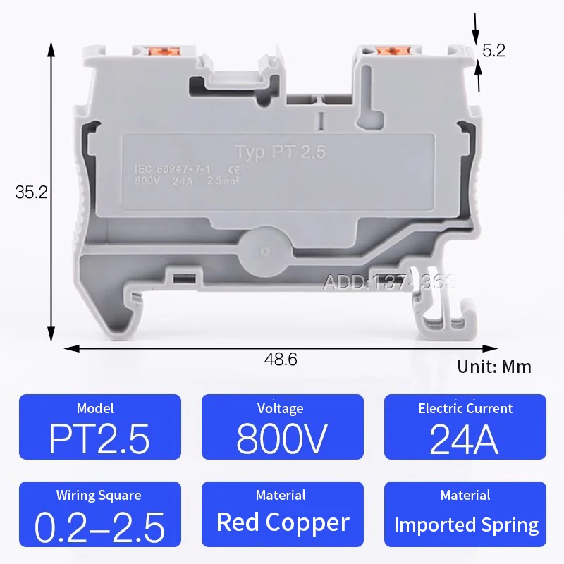 10pcs/100Pcs PT 2.5 Push-in Terminal 2.5mm² 800V Cable Electrical Connector Penetration Anal Plug PT2.5 DIN Rail Terminal Block